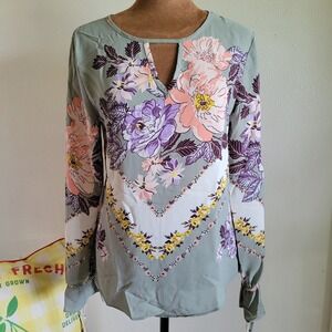 Maurices Womens Floral Keyhole Neck Blouse Gray Long Sleeve Top XS